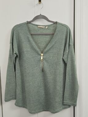 Soft Surroundings Sage Green V-Neck Zip Sweater